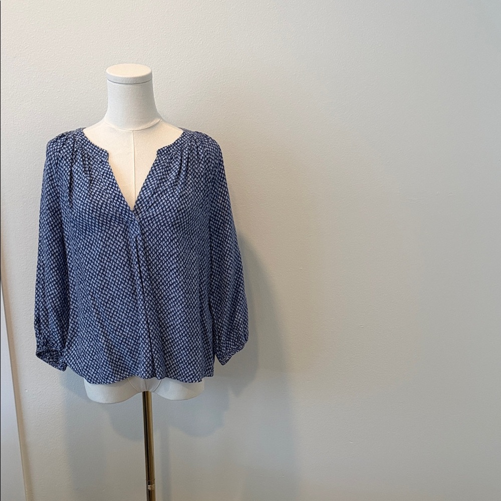 Joie Blue Geometric Silk V-Neck Blouse | Size Small